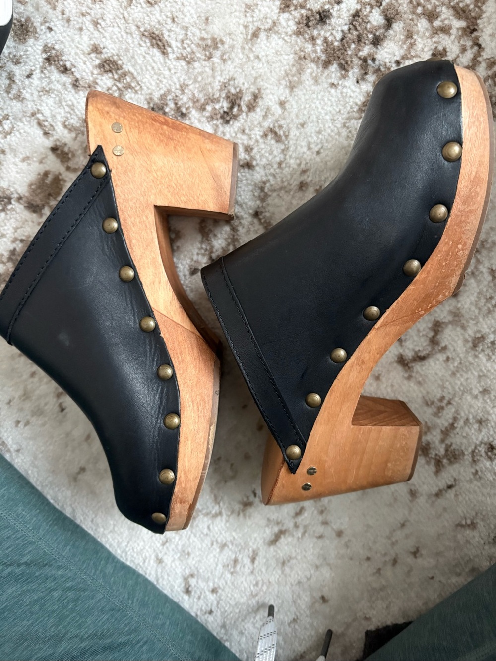 beek Black Leather Studded Wooden Platform Clogs